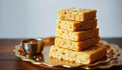 Delicious sweet treats stacked on golden plate, perfect for sharing!