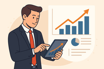 Fototapeta premium Businessman in suit using tablet to analyze sales data, financial growth, bar chart, upward arrow, business strategy, economic success, modern flat vector illustration