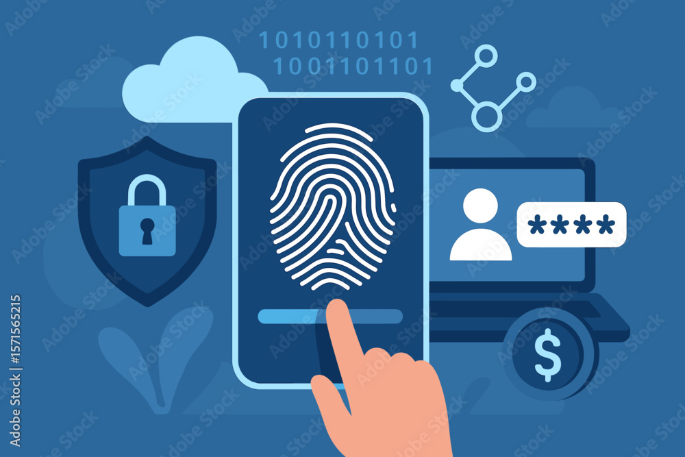Poster biometric fingerprint authentication technology, cybersecurity access control, internet data protect