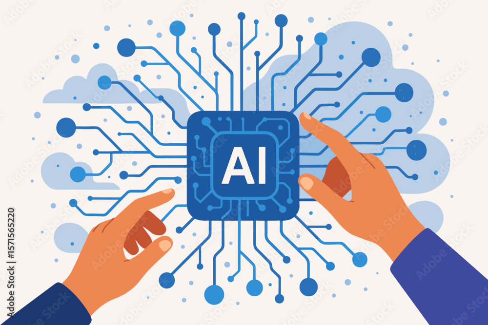 Poster artificial intelligence digital transformation concept. human hands interacting with ai chip, machin