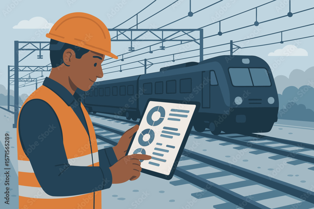 Aufkleber railway engineer using tablet for data analysis and system monitoring on train tracks. modern transp