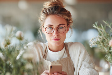 Young woman using smartphone in cafe, focused and engaged
