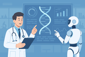 Futuristic Doctor and Robot Collaborate on DNA Analysis, Artificial Intelligence in Medical Research, Virtual Interface, Healthcare Innovation, Science Technology Concept