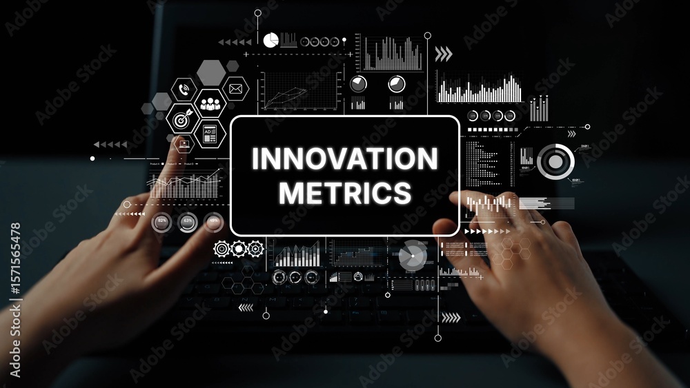 Poster hands on laptop with innovative metrics graphic surrounding data analysis and digital technology con