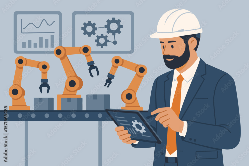 Poster industrial engineer manager controls automated robotic arms with digital tablet in smart factory. mo