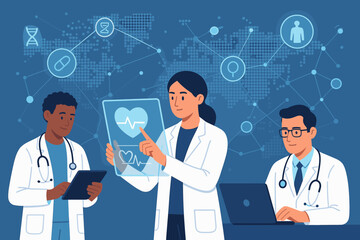 Modern doctors using digital healthcare technology, medical innovation, global health network, smart services, scientific research, telemedicine, data analysis, connected medicine