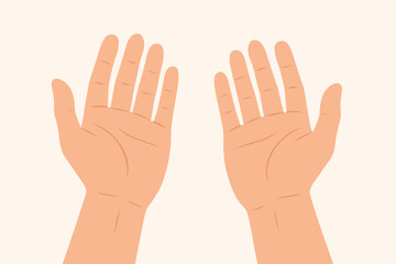 Open human hands palms up gesture. Empty cupped hands isolated. Flat vector illustration. Begging, asking, giving, receiving, offering help, support, care, charity concept.