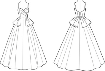 Fashion design sketch of elegant ball gown, bridal dress illustration, peplum waist, lace-up back, evening wear concept art