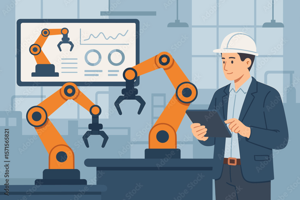 Poster industrial engineer controls and monitors robotic arms automation in smart factory, real-time data a