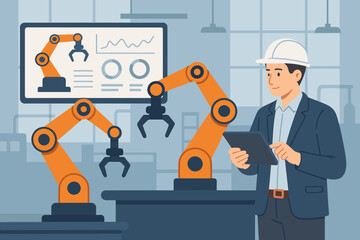 Industrial engineer controls and monitors robotic arms automation in smart factory, real-time data analysis, manufacturing technology, modern industry 4.0 vector illustration