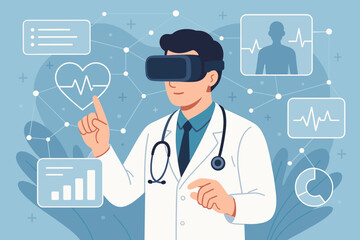 Futuristic medical technology concept. Doctor using virtual reality headset for patient data analysis, digital health monitoring, telemedicine, healthcare innovation, smart diagnostics