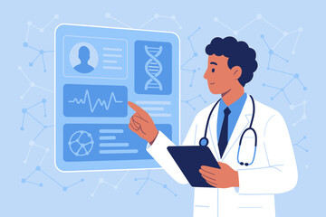 Medical doctor analyzing electronic health records on digital interface, DNA helix, cardiogram, network connections, futuristic healthcare technology, virtual data screen