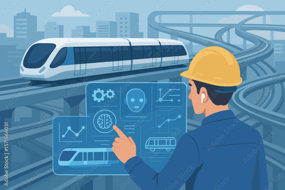 Poster transport technology concept. engineer uses virtual interface with ai software to inspect and contro