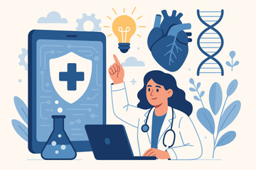 Medical Technology Innovation Concept. Female Doctor with Laptop, Digital Tablet, Heart, DNA, Laboratory Flask, Light Bulb. Modern Healthcare Science Vector Illustration