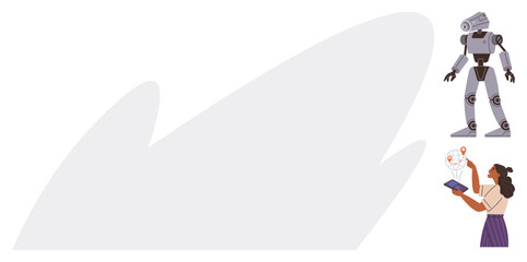 Woman using a tablet to connect with a humanoid robot, exploring concepts of AI, technology interaction, and innovation. Ideal for artificial intelligence, robotics, automation, education, learning