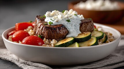Savor a vibrant bowl featuring farro, grilled beef steak, zucchini, and tomatoes, drizzled with Greek dressing and sprinkled with feta