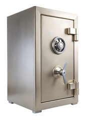Brushed silver metal security safe with combination dial and handle isolated on a transparent background