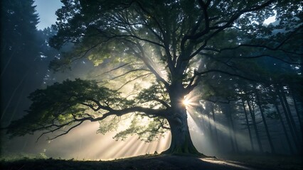 Obraz premium Majestic ancient oak tree bathed in ethereal sunbeams on a misty morning