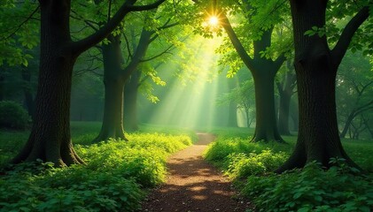 Sun-Dappled Path Through Ancient Forest A Tranquil Scene of Sunlight Filtering Through Lush Greenery, Perfect for Nature Lovers Seeking Solitude and Magical Atmosphere