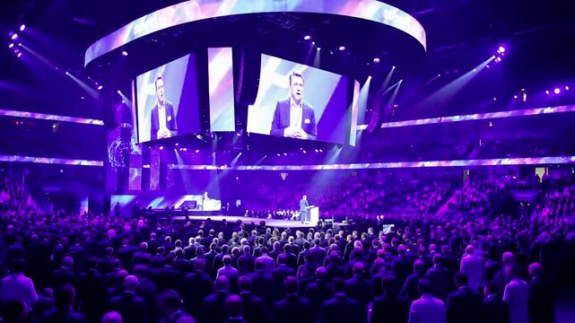 Business conference speaker at large corporate event with purple lighting and digital screens. Professional keynote presentation in modern arena venue with massive audience crowd. Executive leadership
