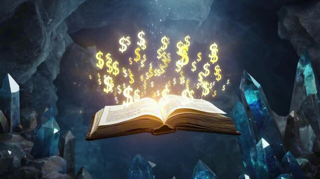 An ancient glowing book opening slowly, pages flipping to reveal floating dollar sign ($) glyphs, golden aura emanating from within, mystical financial wisdom loop