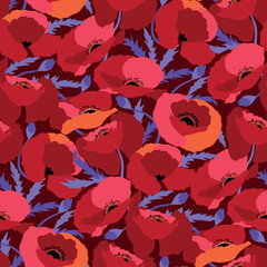 Red Poppies hand drawn vector seamless pattern