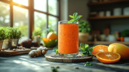 Orange smoothie with seeds and herbs