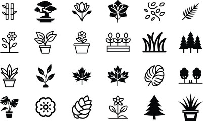 Collection of diverse plant and nature icons in black and white