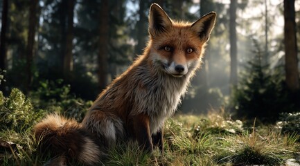 Un renard assis dans l'herbe dans une forêt, la lumière du soleil traversant les arbres avec une légère brume flottant dans l'air.
