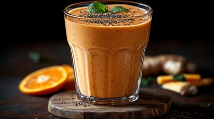 Orange smoothie topped with chia seeds and mint.  A healthy, vibrant drink with a mix of fruits and vegetables