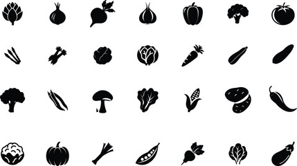 Collection of black silhouette icons representing various fresh vegetables on a white background