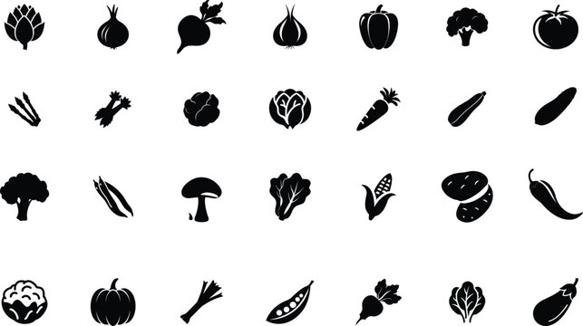 Collection of black silhouette icons representing various fresh vegetables on a white background