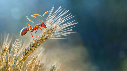 Determined ant hauling wheat spikelet against the wind,