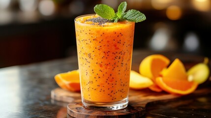 Orange smoothie with seeds and mint. Fresh fruit blend