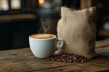Freshly brewed coffee served in a white cup beside a burlap bag of coffee beans on wooden table