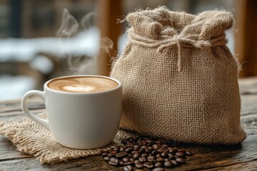 Warm cup of coffee beside burlap bag of coffee beans on wooden table during a cozy afternoon