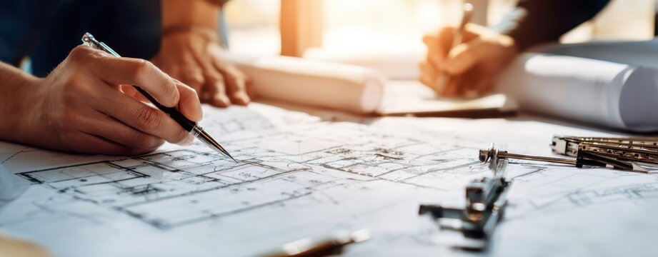 The detailed blueprint being reviewed by architects and engineers in sunlight.