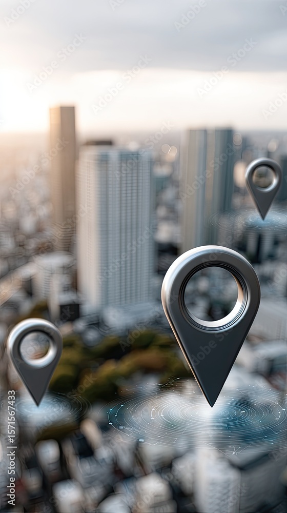 Poster gps icons linked by lines create a digital map view above a vibrant city, symbolizing advanced geolo