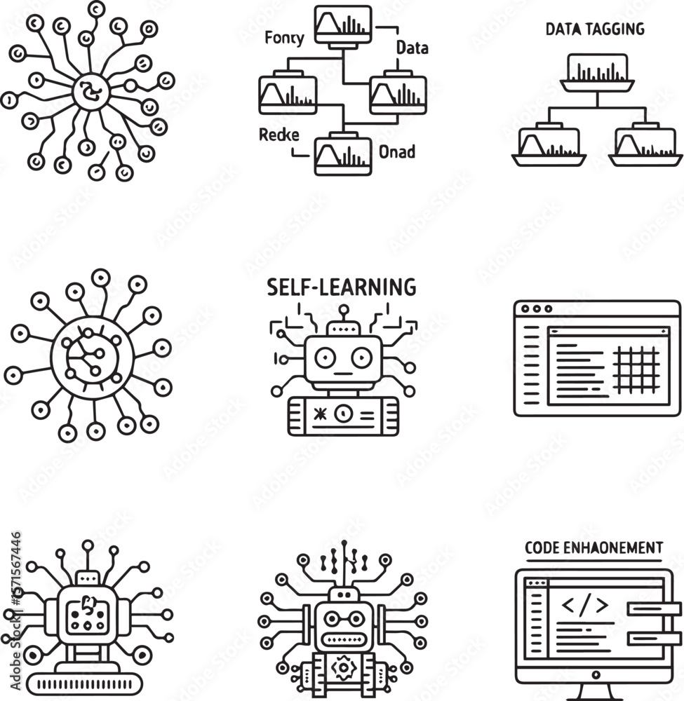 Fototapete Networked robots data analysis code computer vector