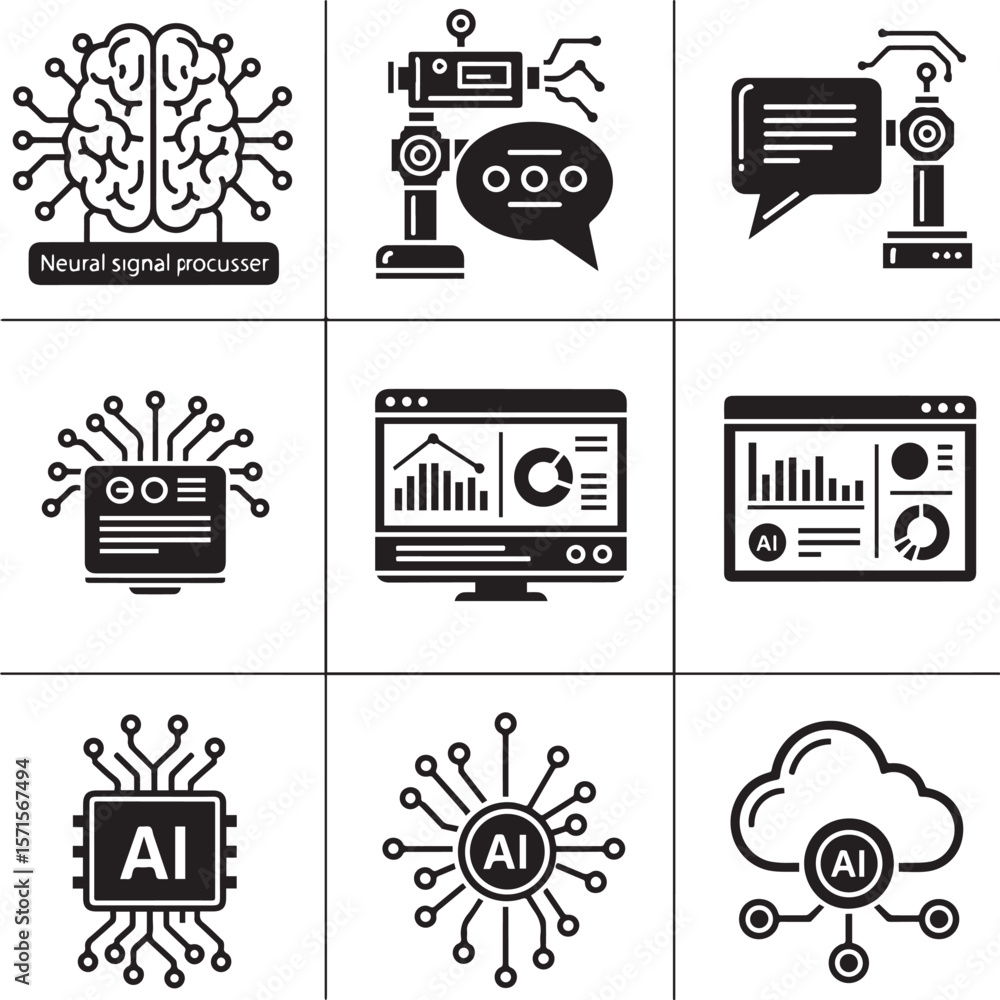 Poster neural brain robot chat computer chip cloud artificial intelligence