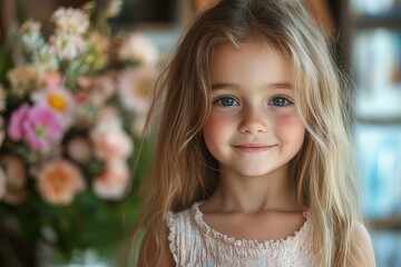 Young girl with long hair smiles warmly, surrounded by flowers in a cozy indoor setting during daytime