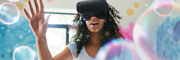 School student with VR headset using AI artificial intelligence technology, machine learning. Interactive technology in classroom. Innovation & smart tech. AI blue orb hologram. Futuristic education