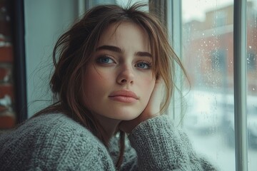 Young woman gazing thoughtfully out the window on a snowy day while wearing a cozy sweater
