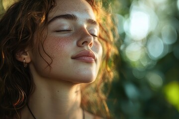 Woman enjoying nature with closed eyes and soft smile in a lush green setting during daylight