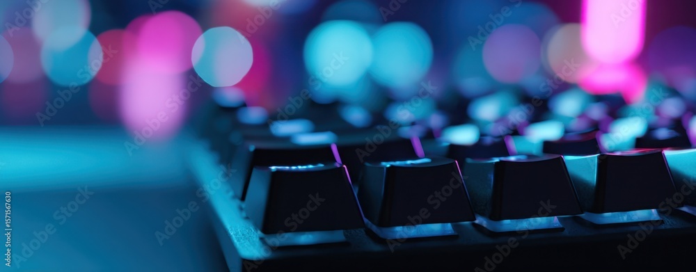 Poster the close-up view of a vibrant, illuminated gaming keyboard with colorful backlighting.