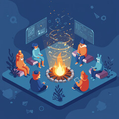 Isometric Campfire with Diverse People – Vector