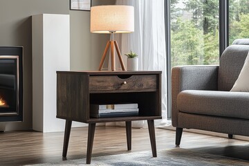 Mid-century modern dark brown wood end table with open storage compartment and two short legs, lamp on top, in living room with grey armchair and sofa