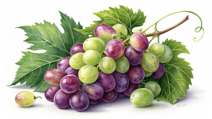 Obraz premium Fresh grapes still life painting with green and purple grapes and leaves for healthy eating concept