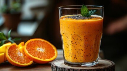 Orange-mango smoothie, healthy, vibrant, and delicious.  Seeds add texture