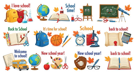 Fototapeta premium Back to school supplies vector illustration set for education and learning design with school items clipart